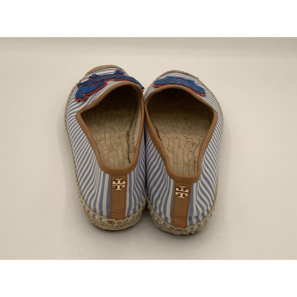 EUC Tory Burch Flats Size 7 Crab Shell Woven Bottom Blue White Stripes Preppy - Picture 6 of 6